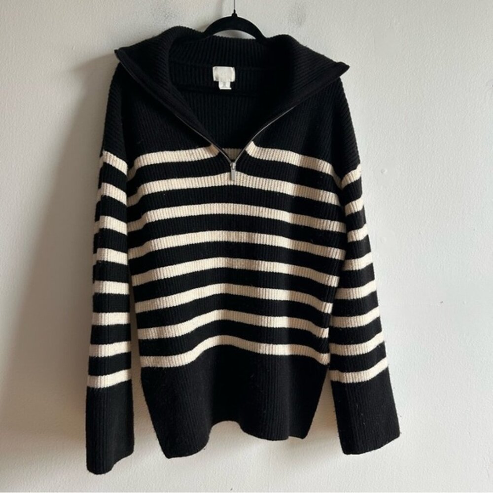 H&M Sz S Nautical Coastal Knit Black And White Strip 1 4 Zip Relaxed Sweater